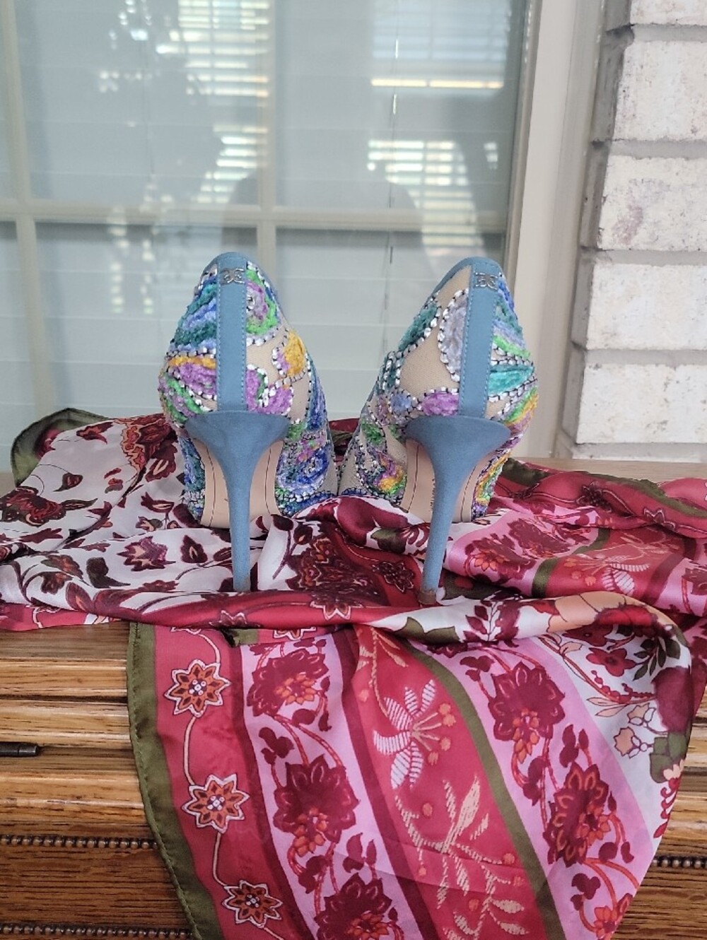 Sam Edelman Blue and Green Beaded Pointed-Toe Heels - Picture 2 of 3